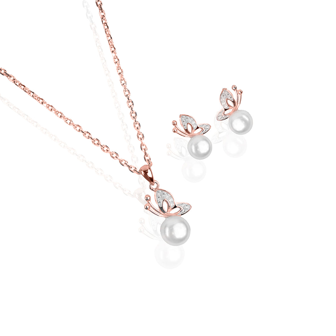 Butterfly on Pearl Rose Gold Pendant Set