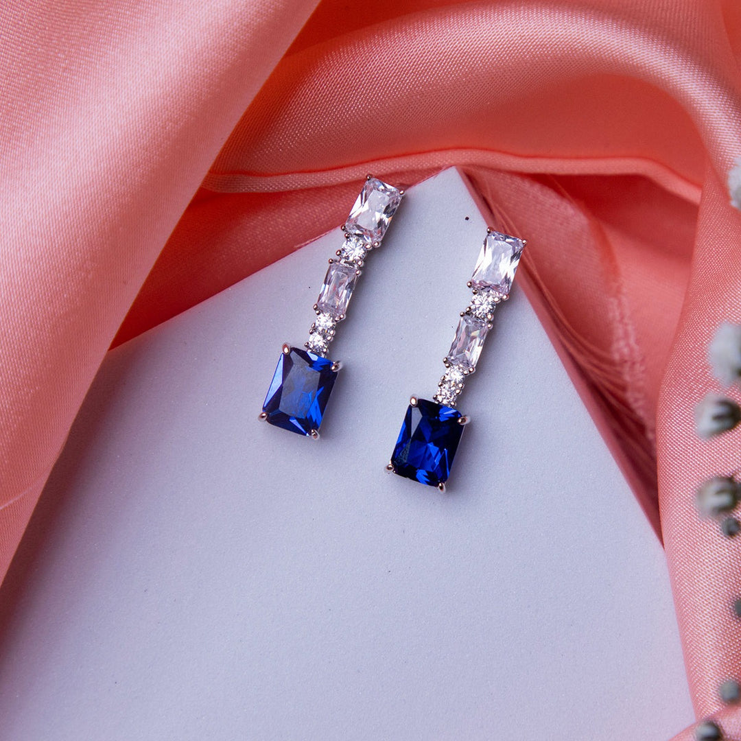 Emerald Cut Blue Stone Glamorous Earrings