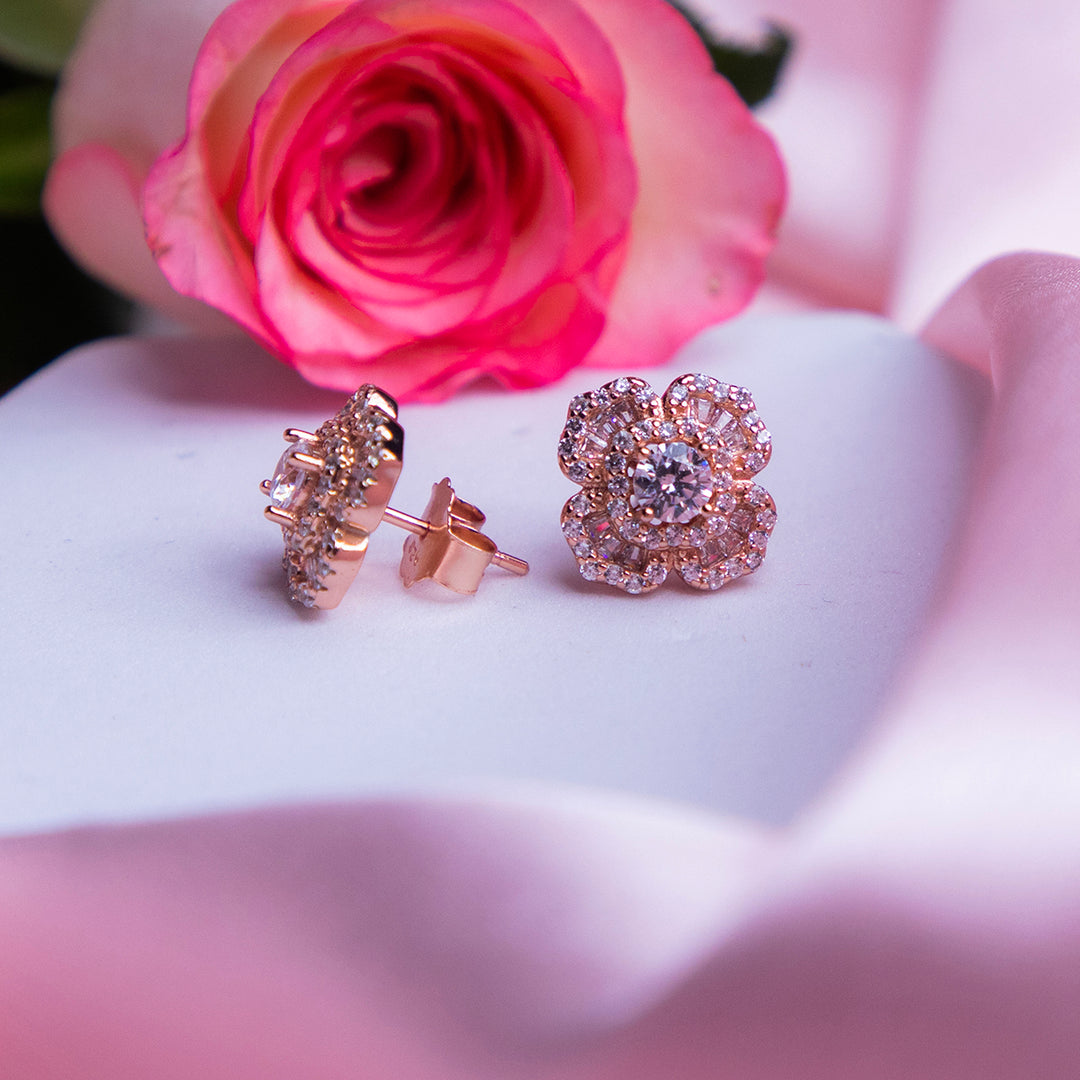 Flower Bloom Embellished Rose Gold Studs