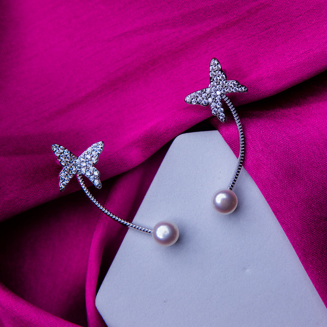 Embellished Butterfly Silver & Pearl Earcuffs