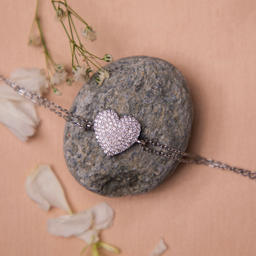 White Stone Studded Heart Bracelet