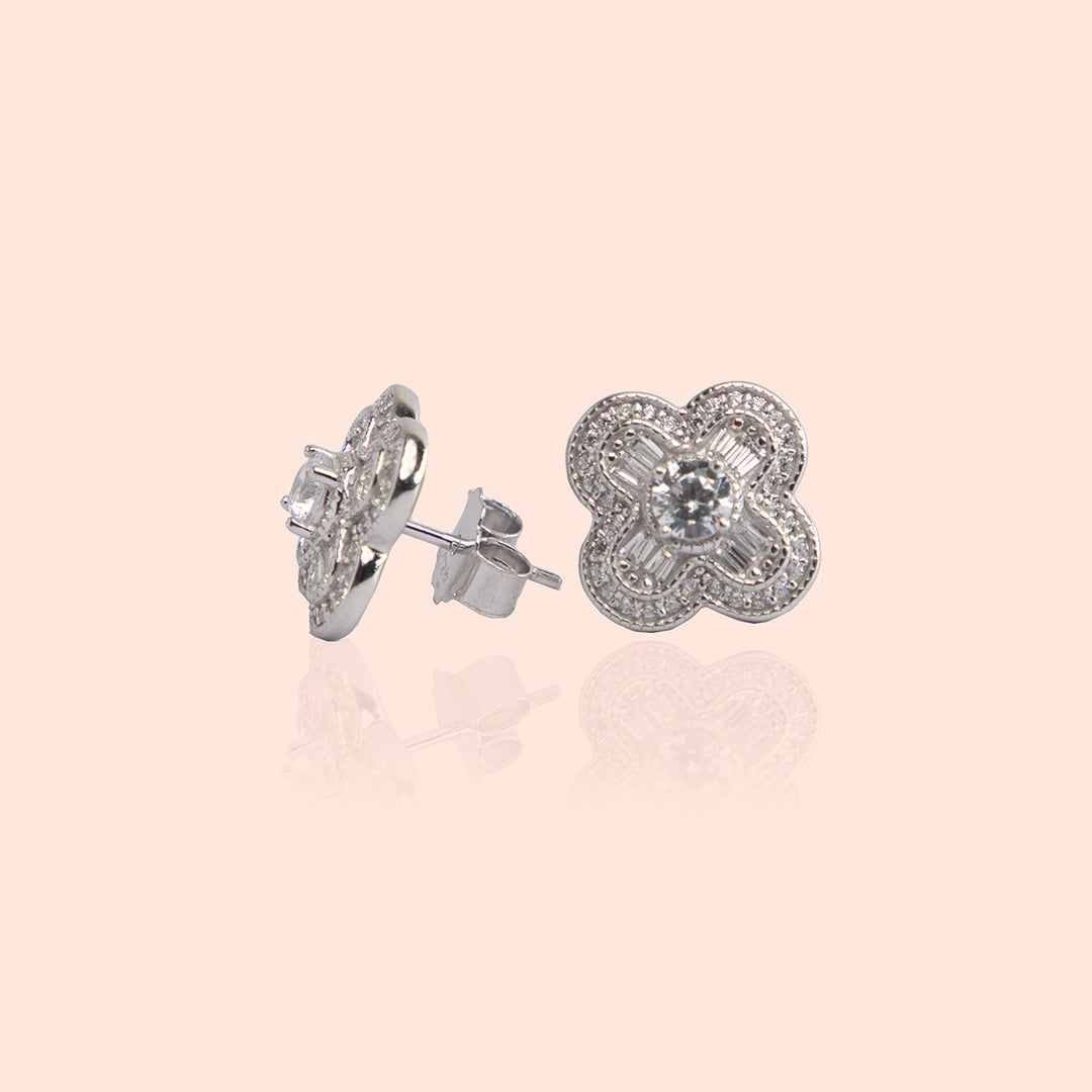 Four Petal White Stone Studs