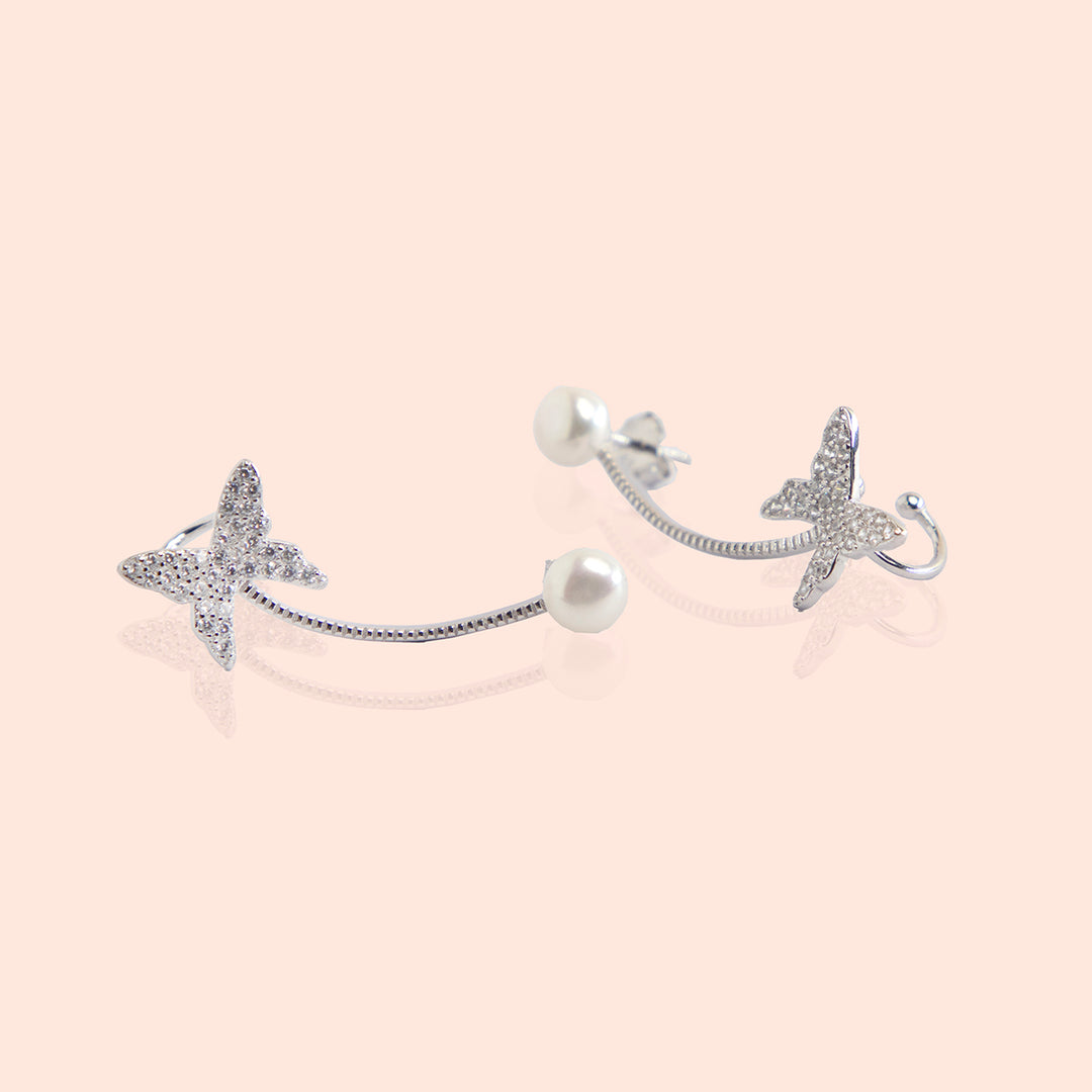 Embellished Butterfly Silver & Pearl Earcuffs