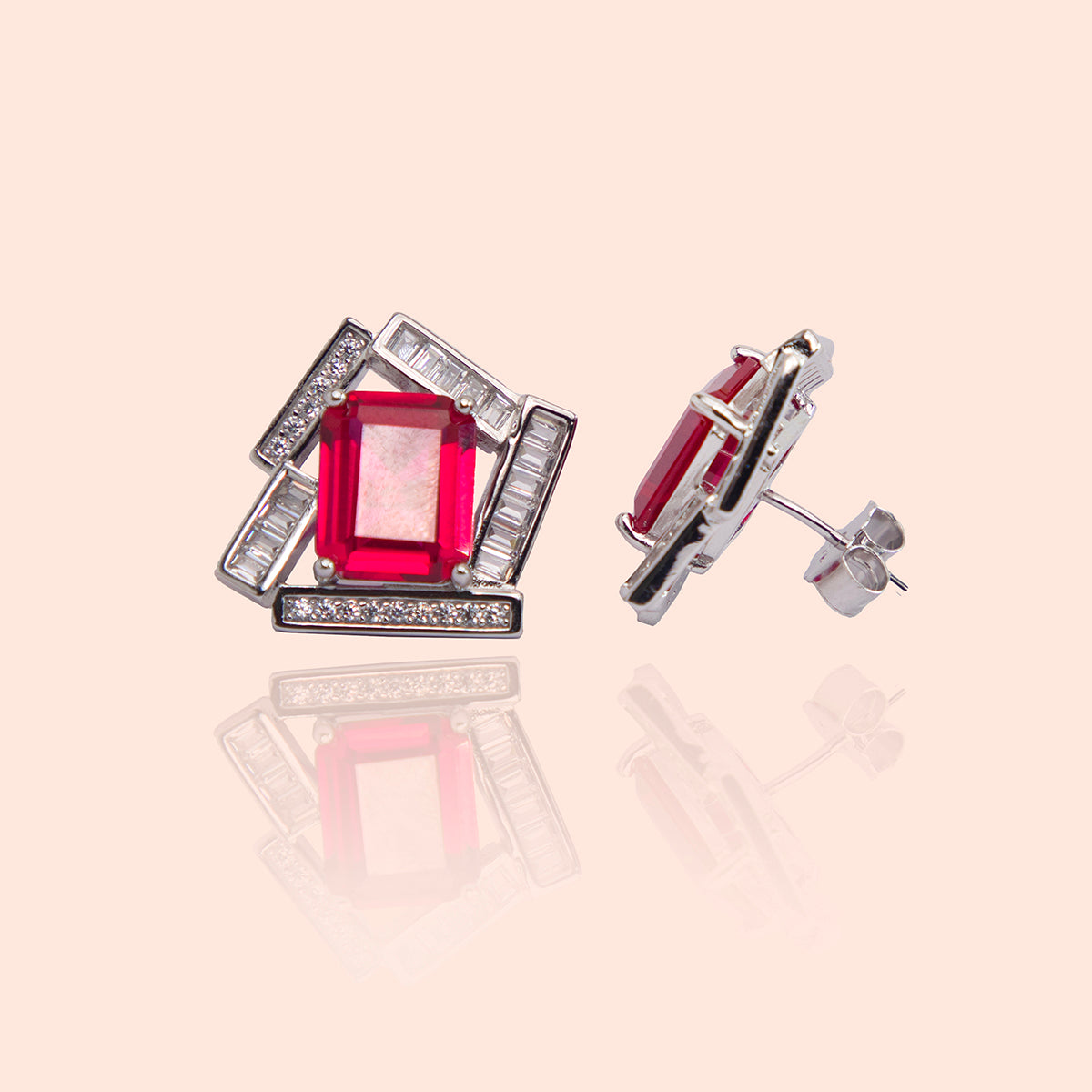 Abstract Red Stone Sterling Silver Stud Earrings