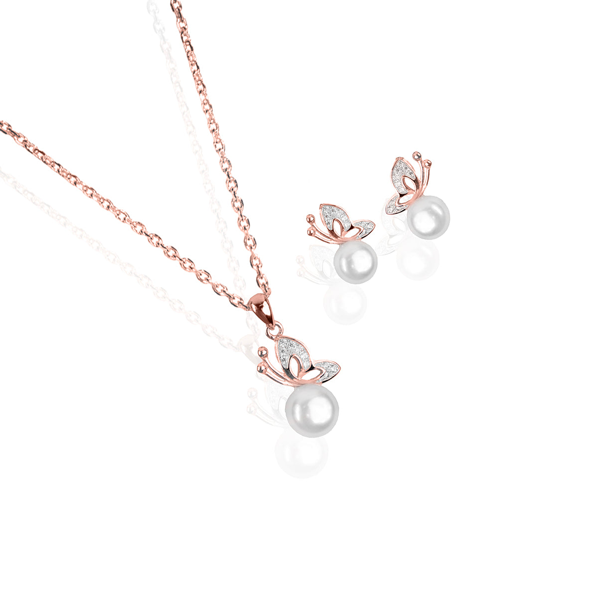 Butterfly on Pearl Rose Gold Pendant Set