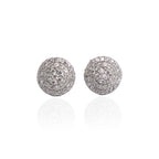 A pair of silver stud earrings with a geometric pattern of dazzling accents.