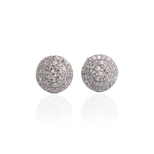 A pair of silver stud earrings with a geometric pattern of dazzling accents.