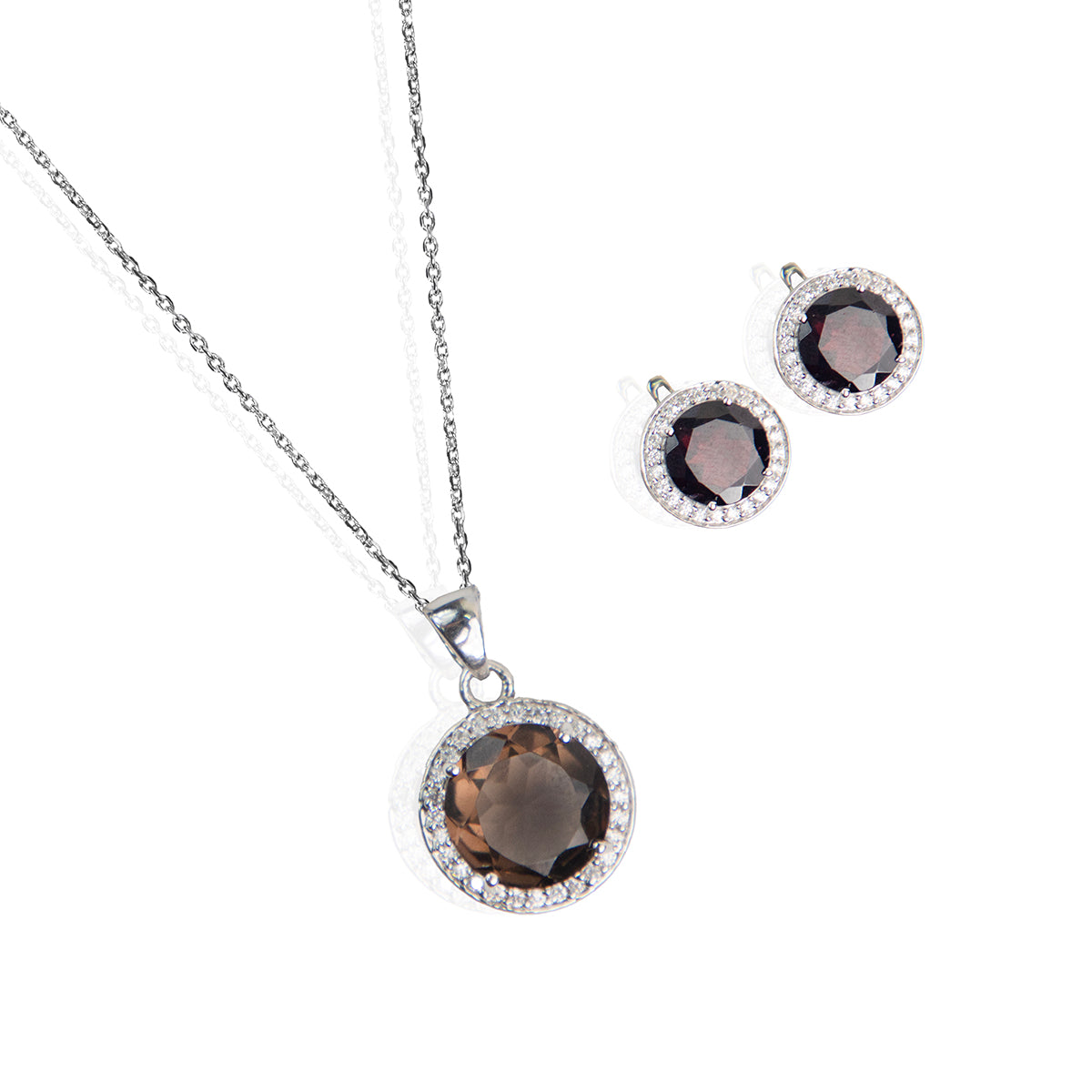 A set of jewelry featuring a circular brown stone pendant on a silver chain and a pair of matching round earrings, against a white background.