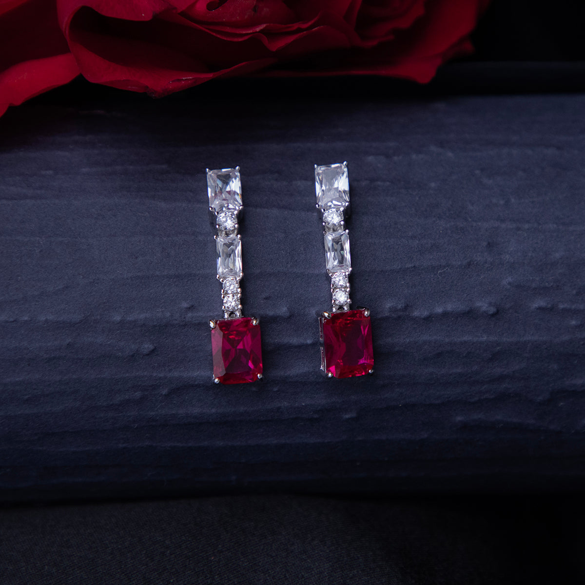 Emerald Cut Red Stone Glamorous Earrings