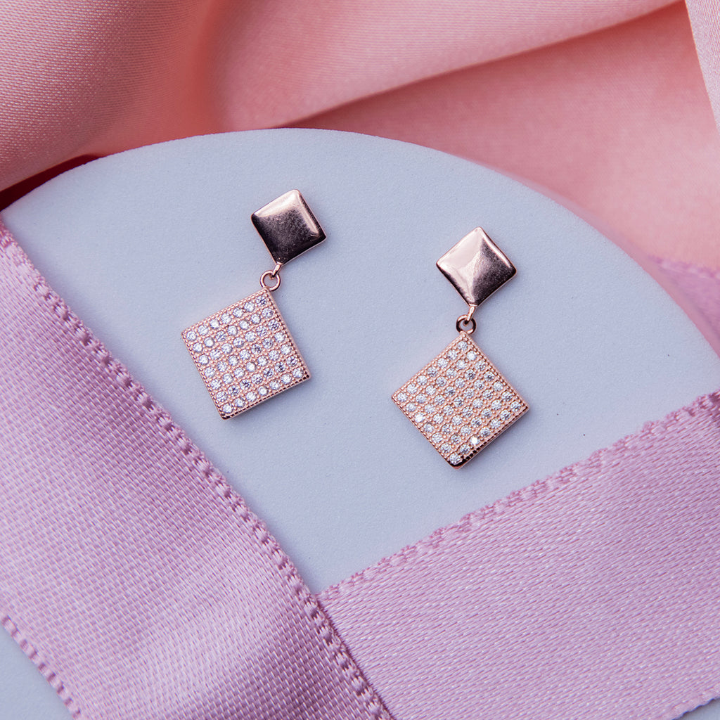 Glitzy Geometric Rose Gold Drop Earrings