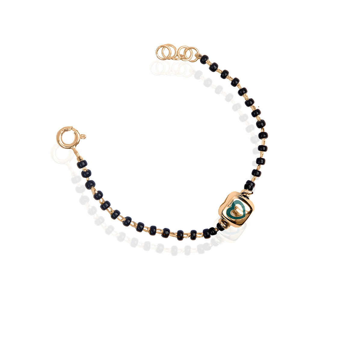 A sterling silver bracelet with rose gold and black accents, featuring a heart-shaped charm and bead details.