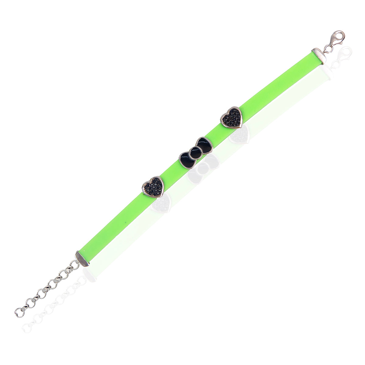A green sterling silver bracelet with black heart-shaped charms and a rhodium-based anti-tarnish coating.