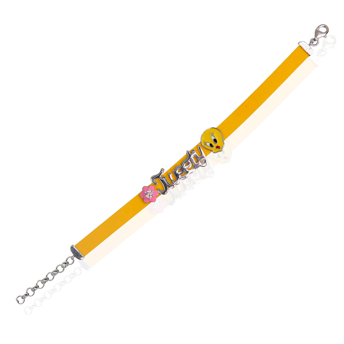 A yellow bracelet featuring a tweety bird charm and small floral designs, with a chain of beads attached to the end.