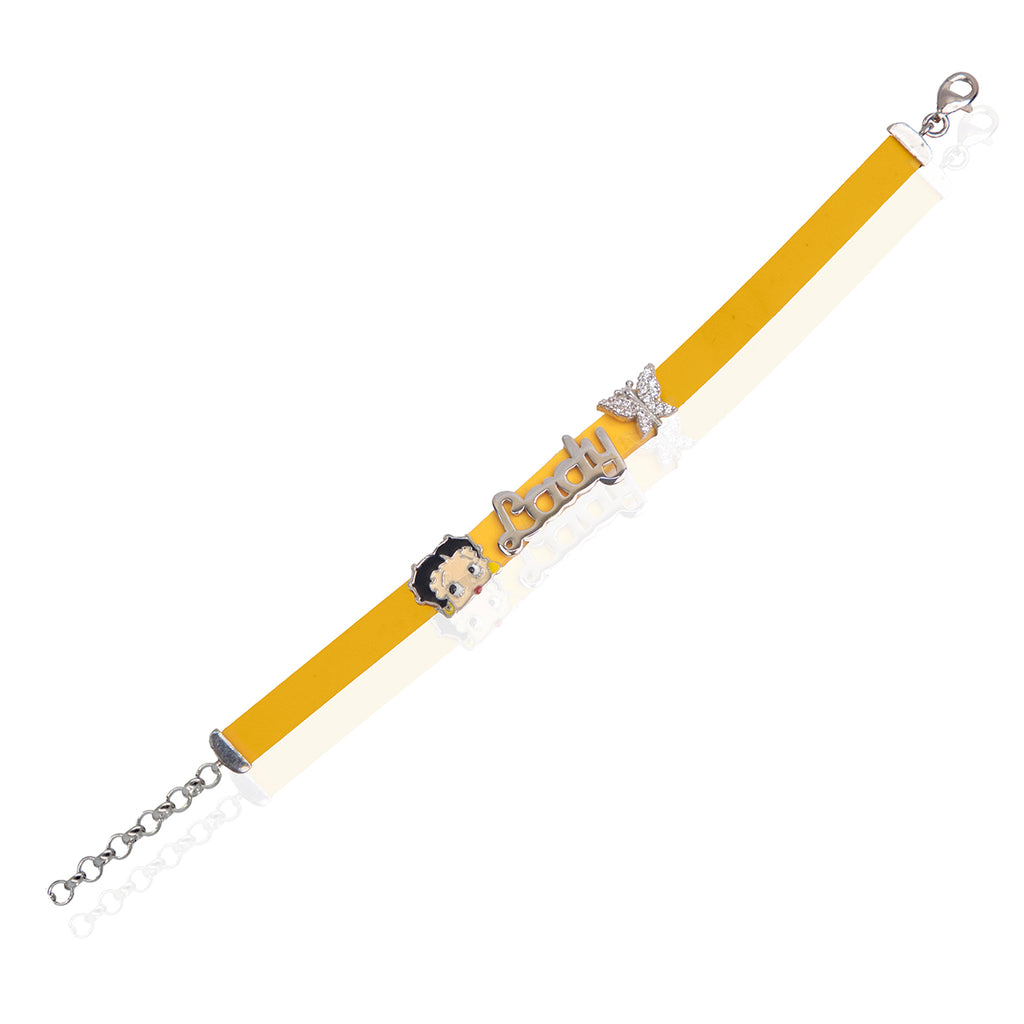 A yellow bracelet featuring Betty Boop character charms on a silver chain.