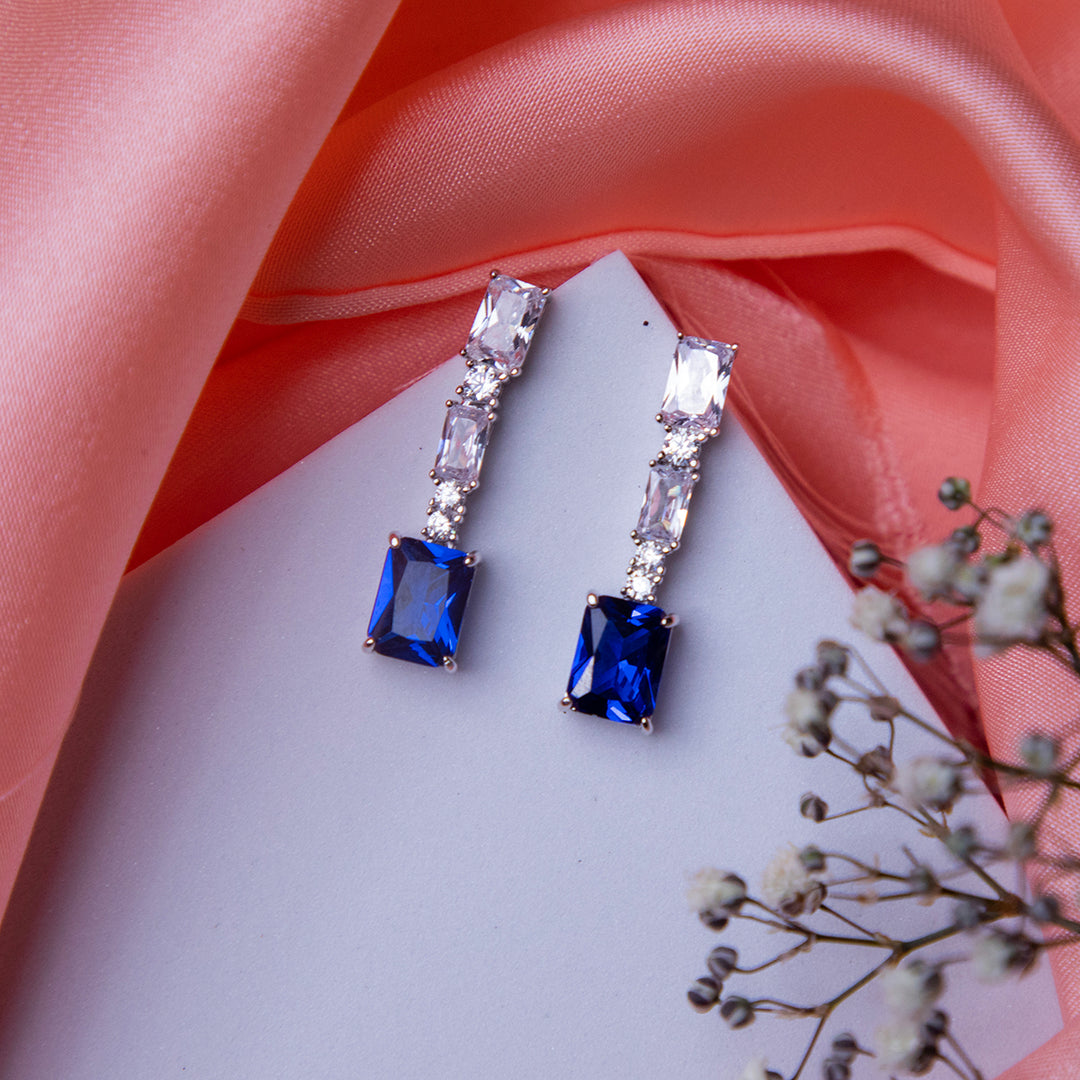 Emerald Cut Blue Stone Glamorous Earrings